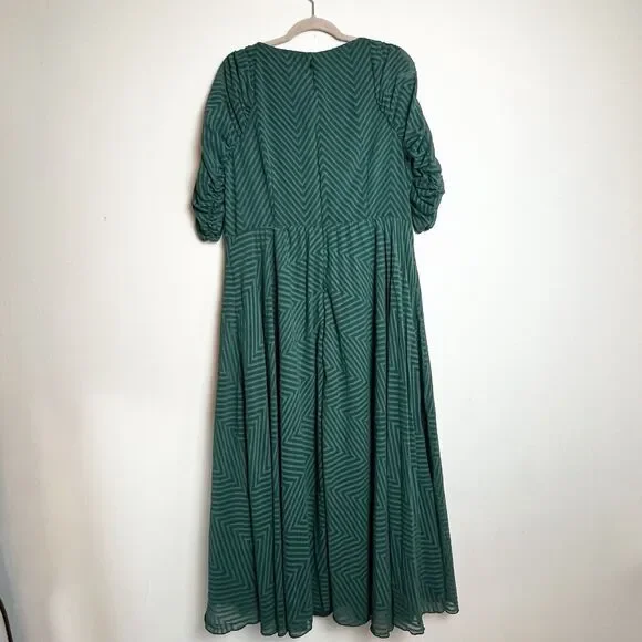 ASOS Ruched Waist Pleated Midi Dress Green Striped Sz 14 - Picture 7 of 14